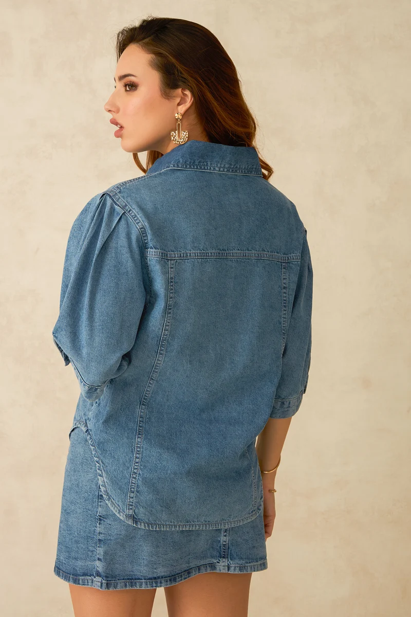 Aire|100% Cotton Pleated Sleeve Denim Shirt