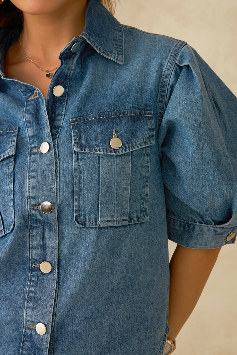Aire|100% Cotton Pleated Sleeve Denim Shirt