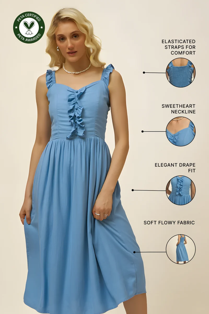 Violeta|Linen Blue Ruffle Midi Dress