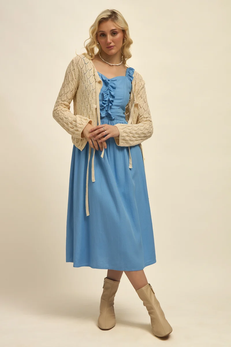 Violeta|Linen Blue Ruffle Midi Dress