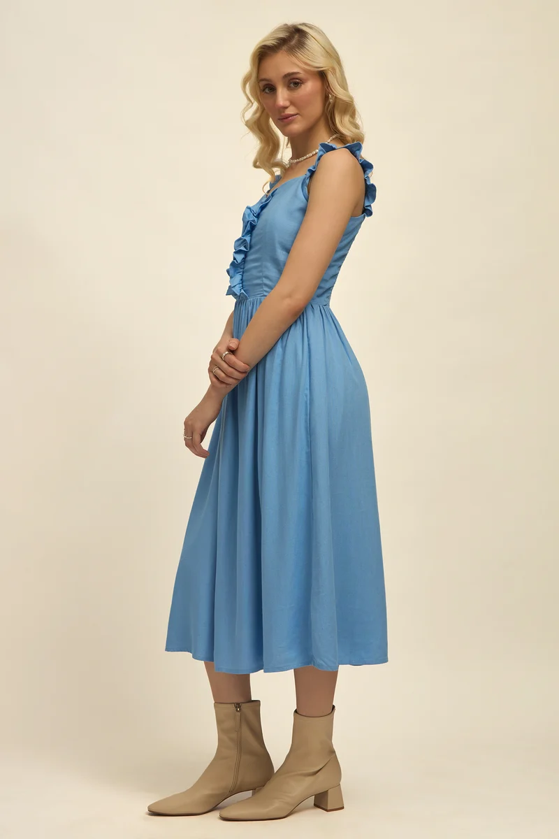 Violeta|Linen Blue Ruffle Midi Dress