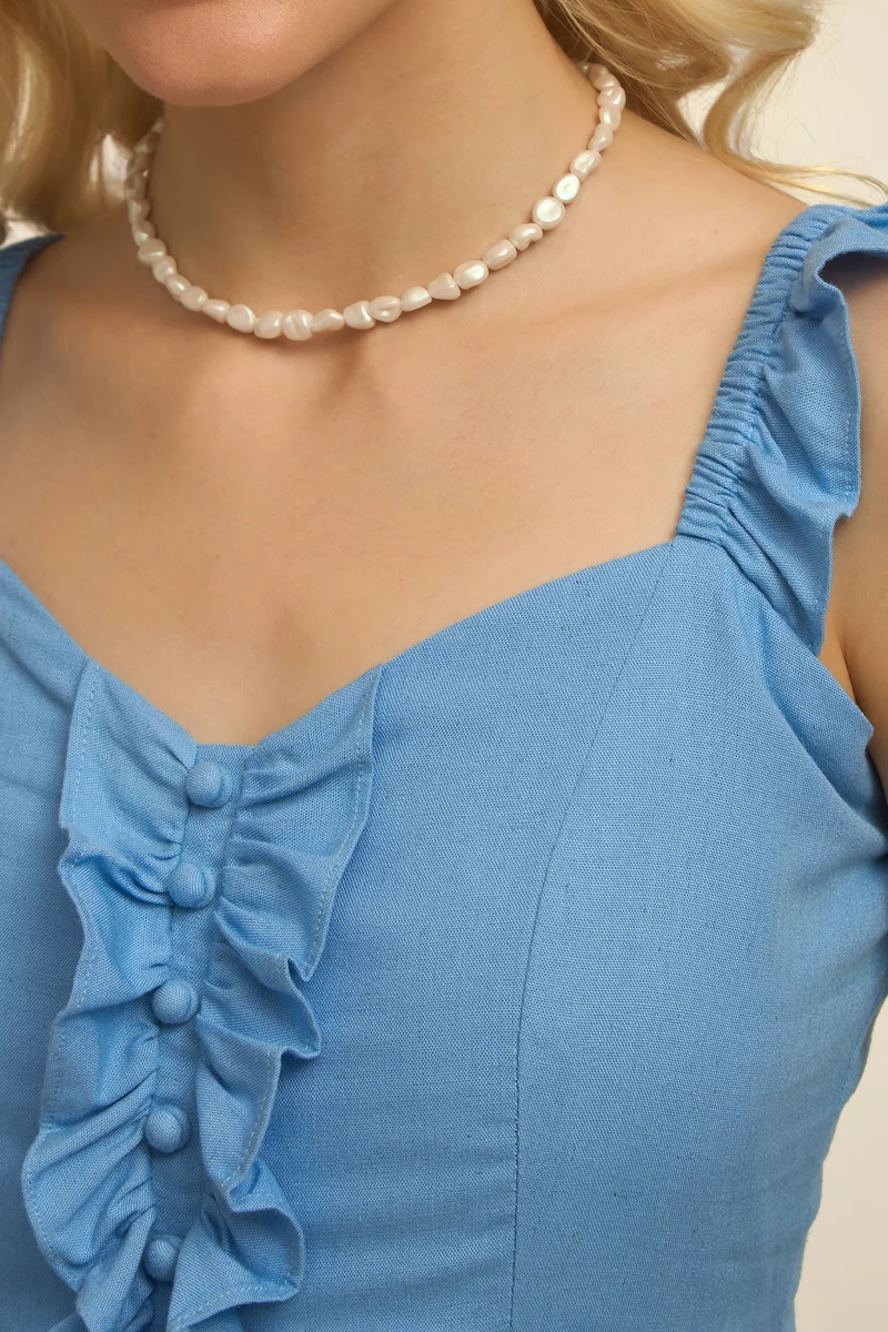 Violeta|Linen Blue Ruffle Midi Dress