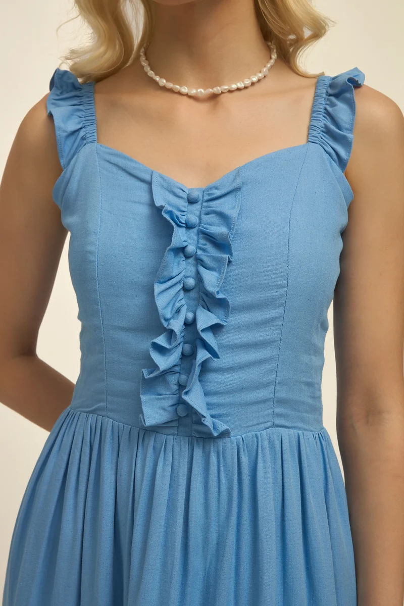 Violeta|Linen Blue Ruffle Midi Dress