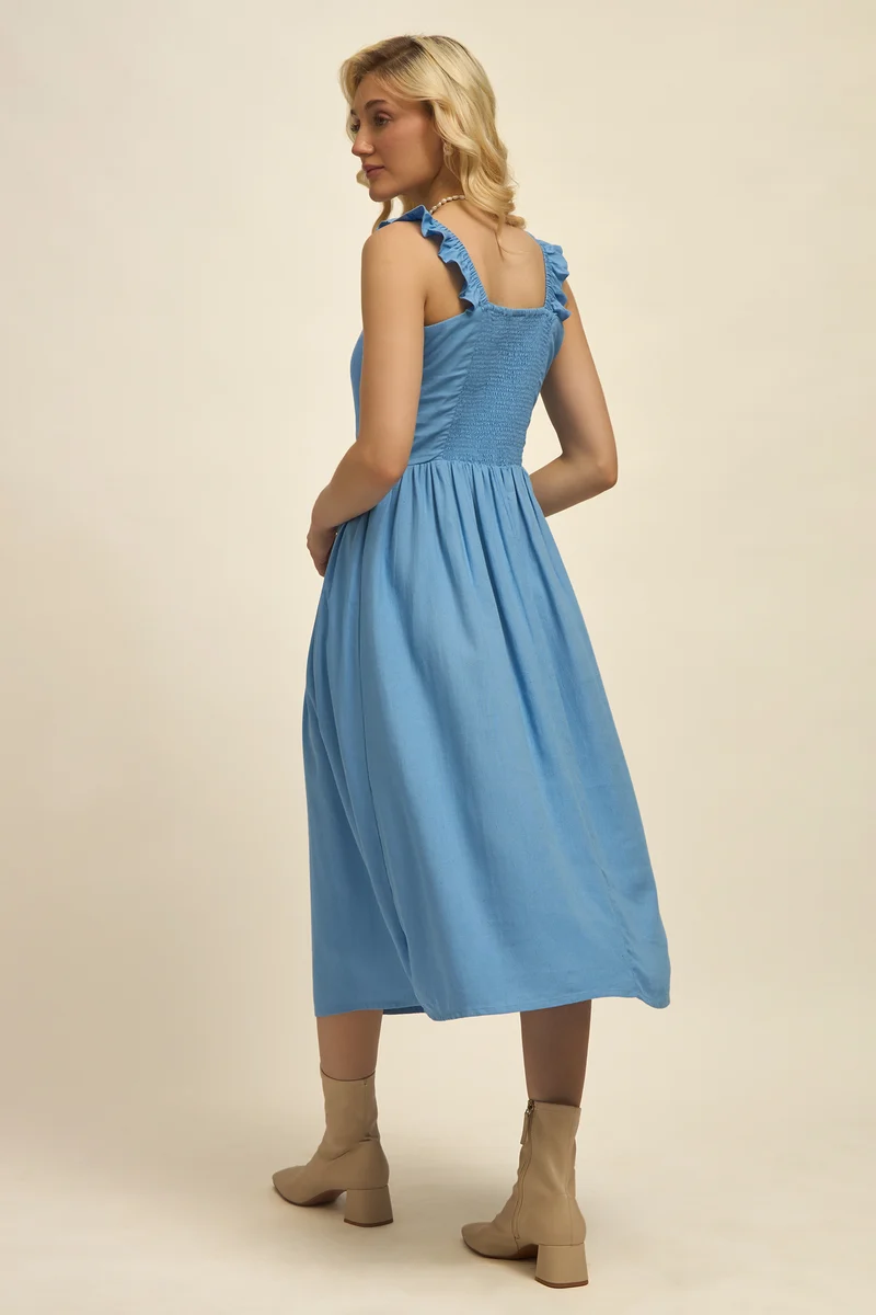 Violeta|Linen Blue Ruffle Midi Dress