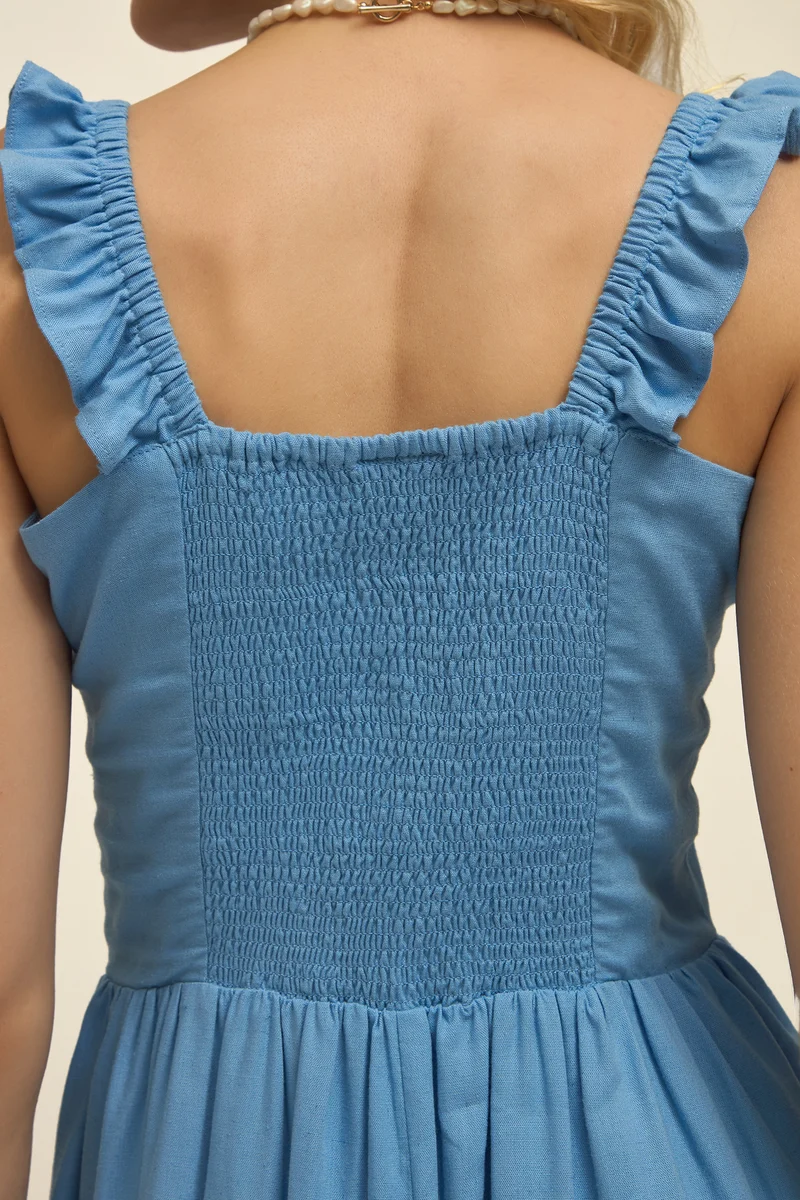 Violeta|Linen Blue Ruffle Midi Dress