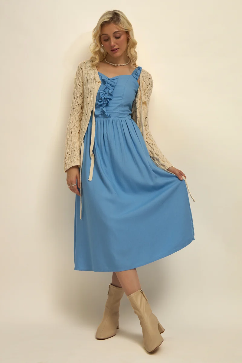 Violeta|Linen Blue Ruffle Midi Dress