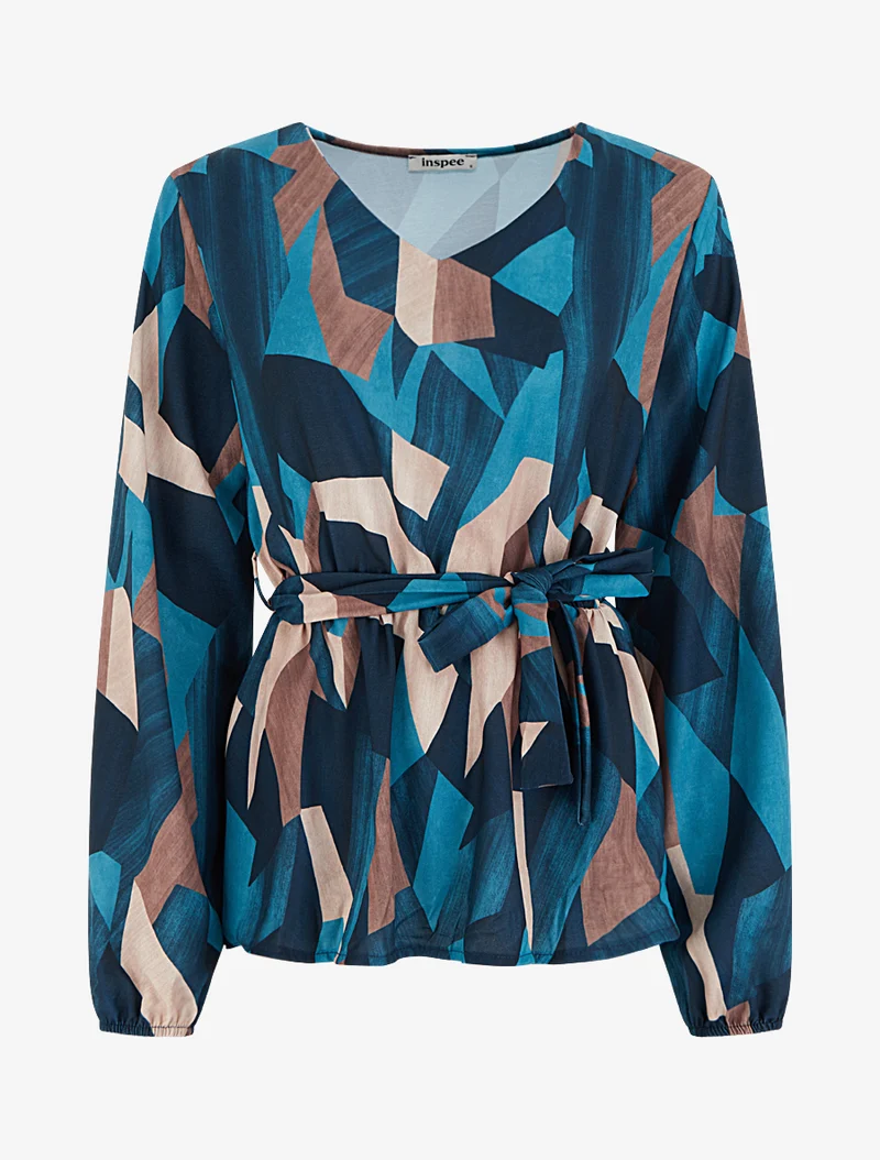 Blouse péplum à imprimé abstrait - Bleu canard