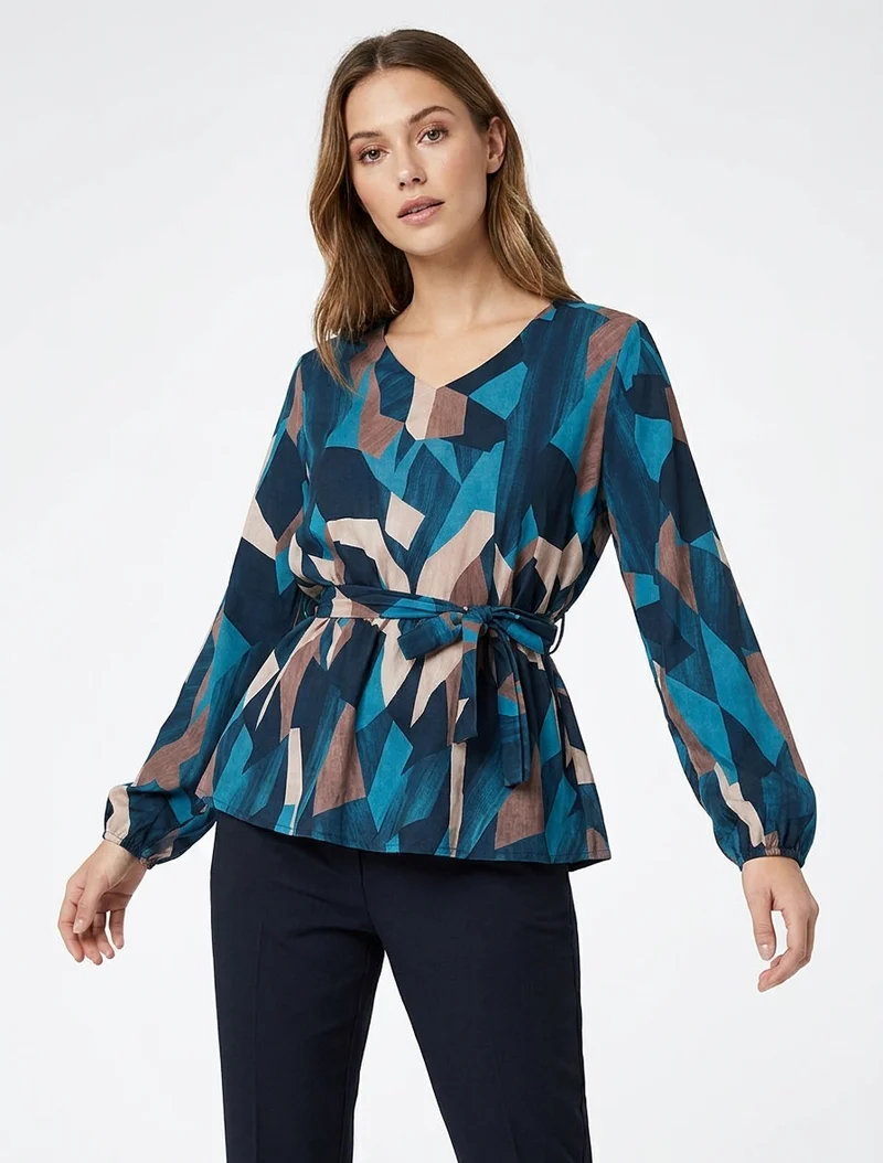 Blouse péplum à imprimé abstrait - Bleu canard