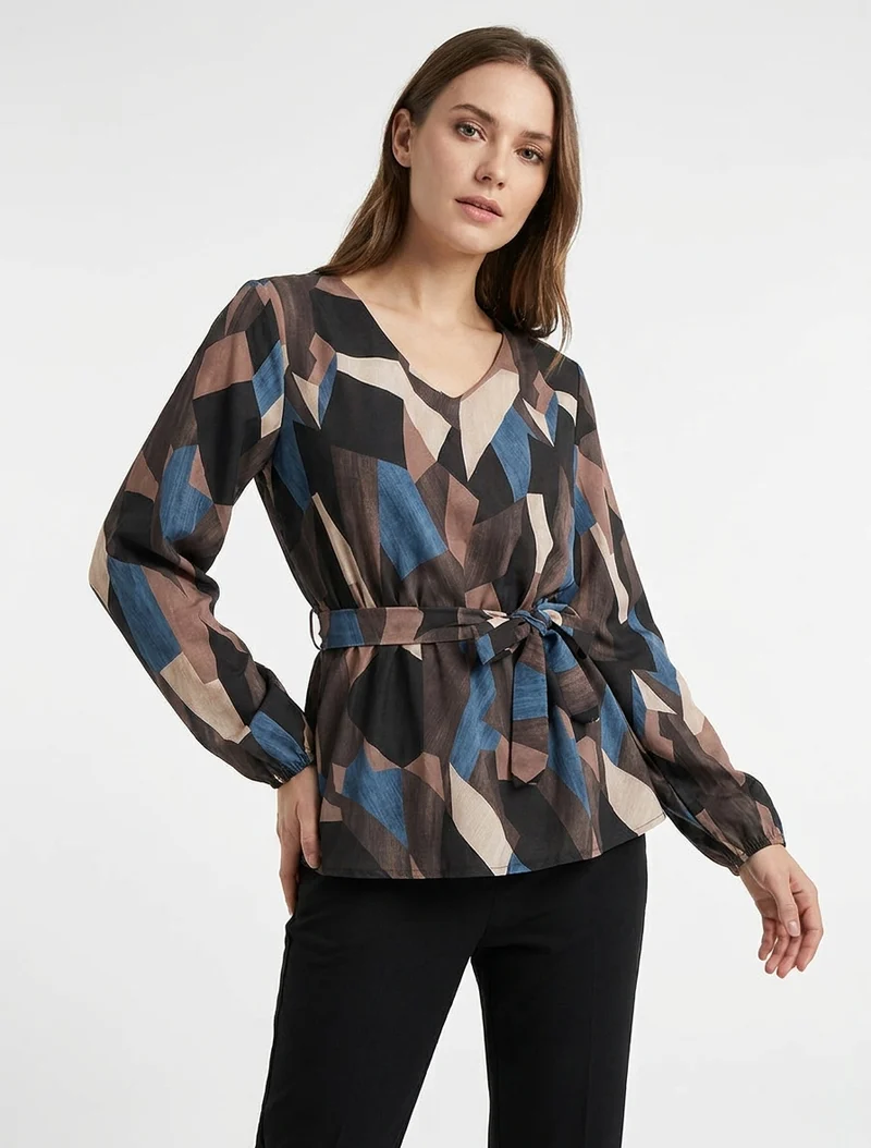 Blouse péplum à imprimé abstrait - Marron