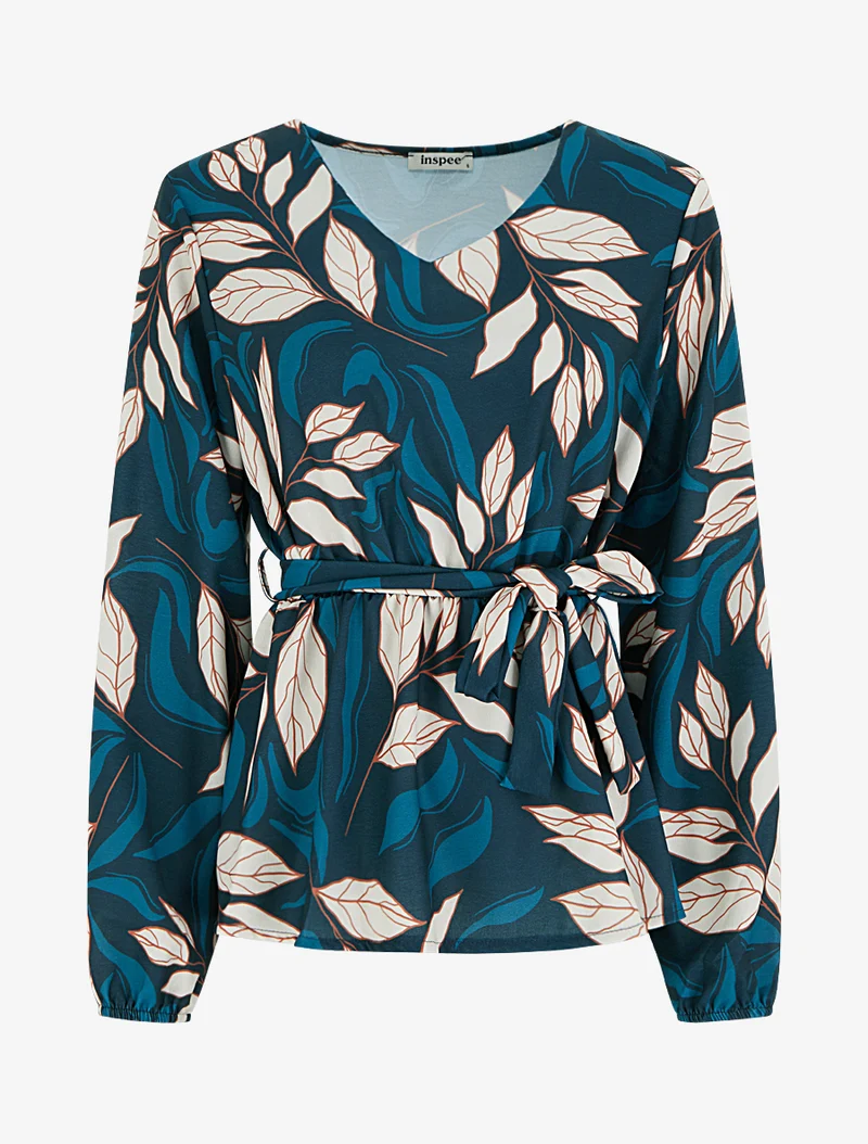 Blouse élastiquée à imprimé feuillage - Bleu canard