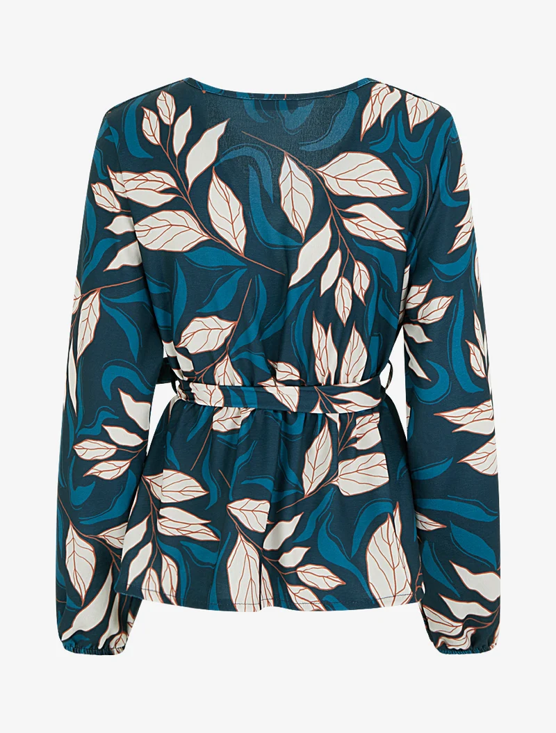 Blouse élastiquée à imprimé feuillage - Bleu canard