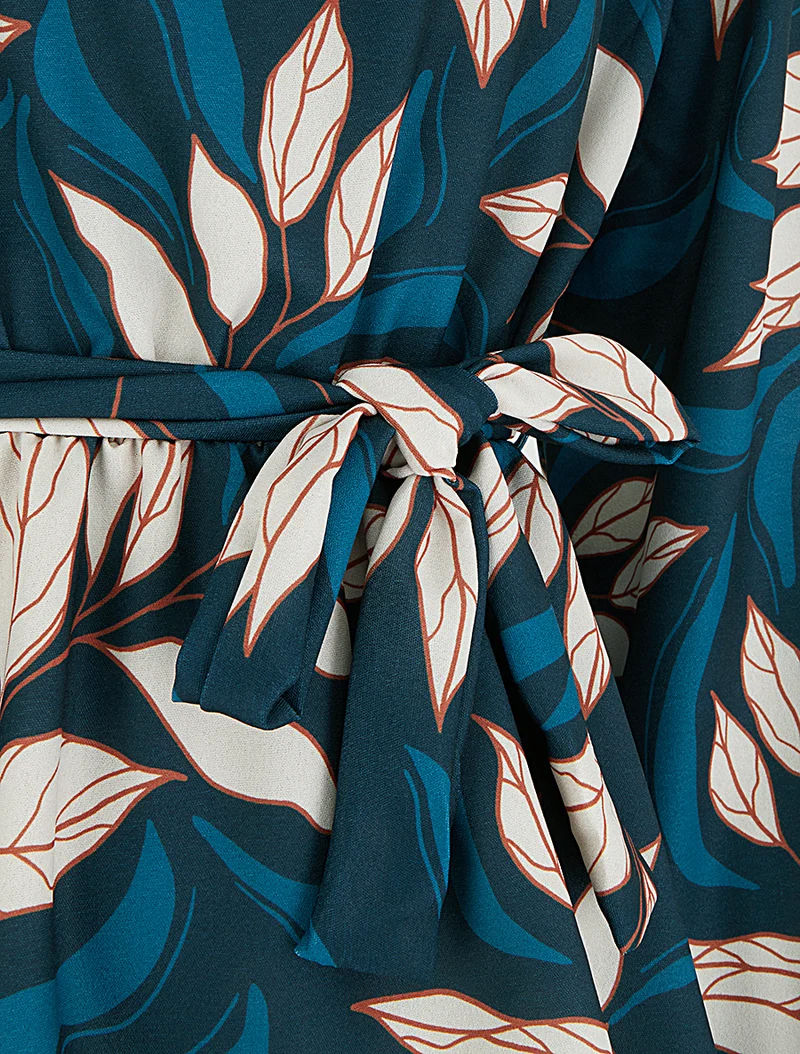Blouse élastiquée à imprimé feuillage - Bleu canard