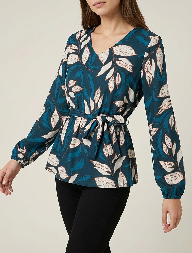 Blouse élastiquée à imprimé feuillage - Bleu canard