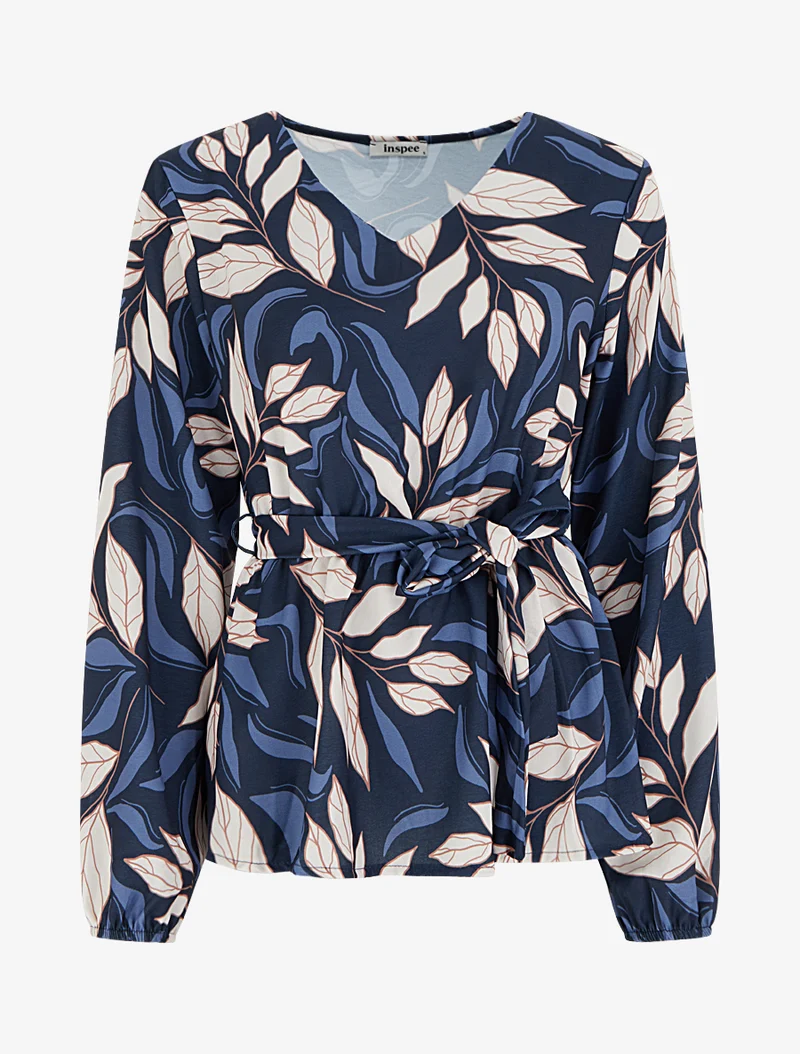 Blouse élastiquée à imprimé feuillage - Marine