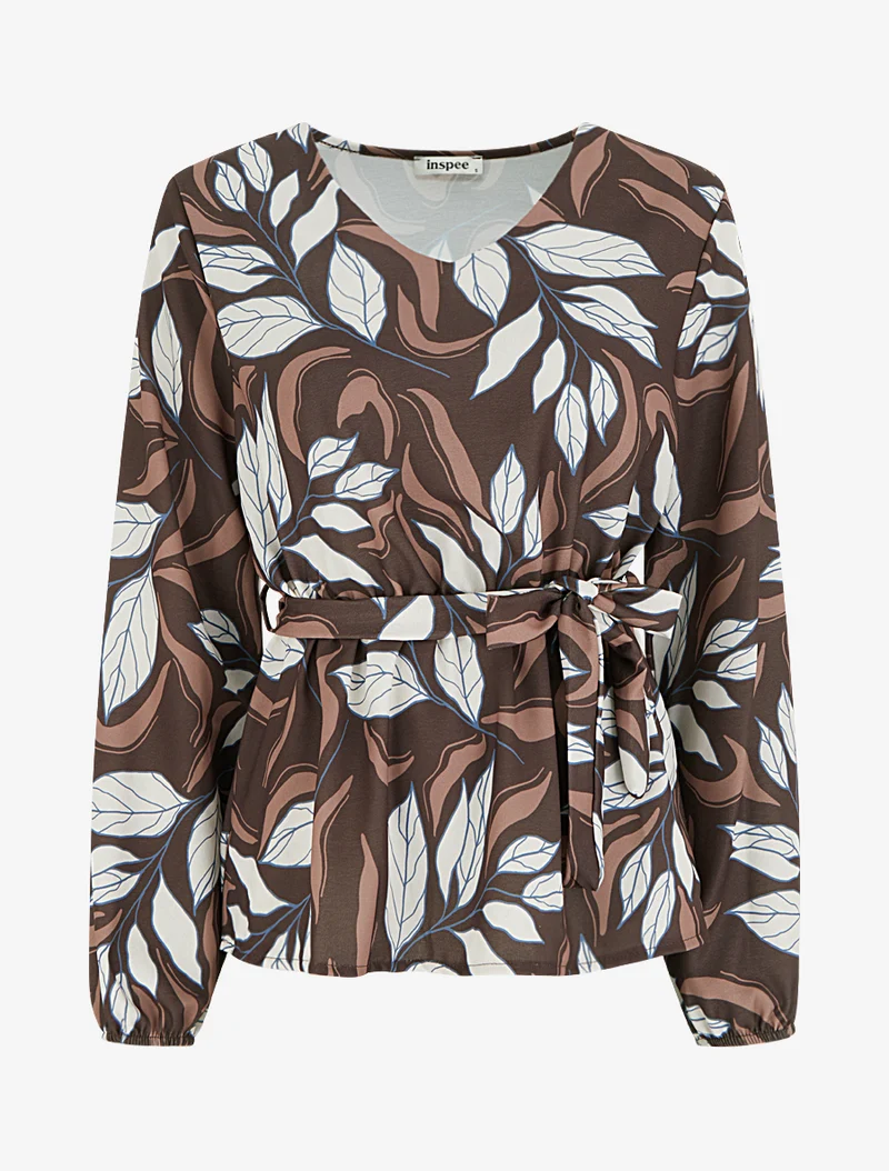Blouse élastiquée à imprimé feuillage - Marron