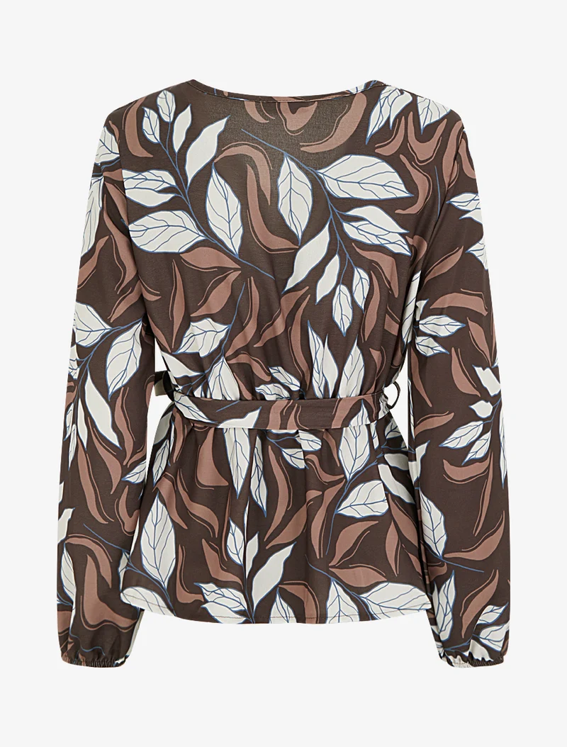 Blouse élastiquée à imprimé feuillage - Marron