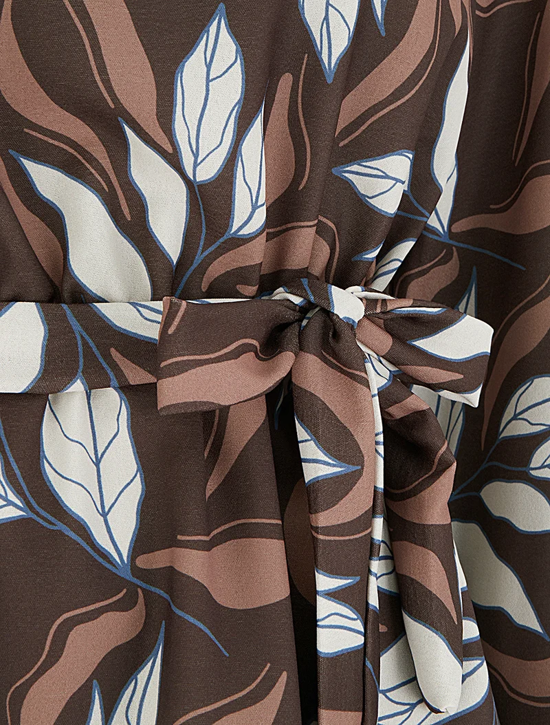 Blouse élastiquée à imprimé feuillage - Marron