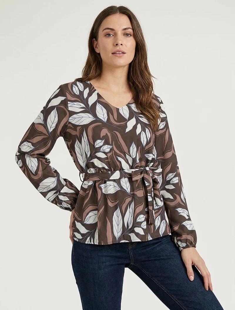 Blouse élastiquée à imprimé feuillage - Marron