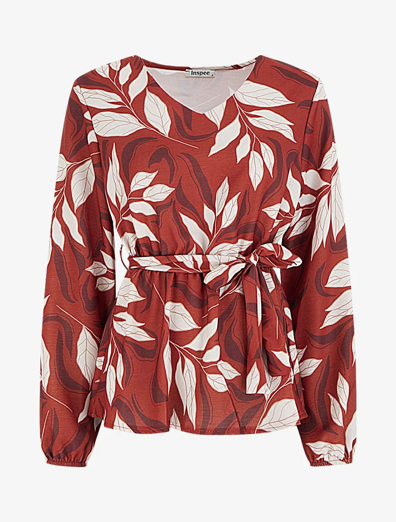 Blouse élastiquée à imprimé feuillage - Rouge
