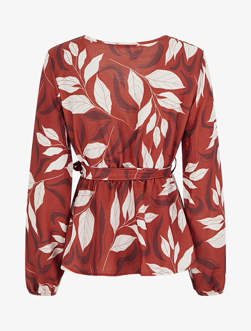 Blouse élastiquée à imprimé feuillage - Rouge