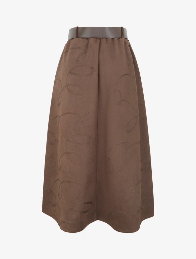 Jupe longue en suédine à broderies fantaisies - Chocolat