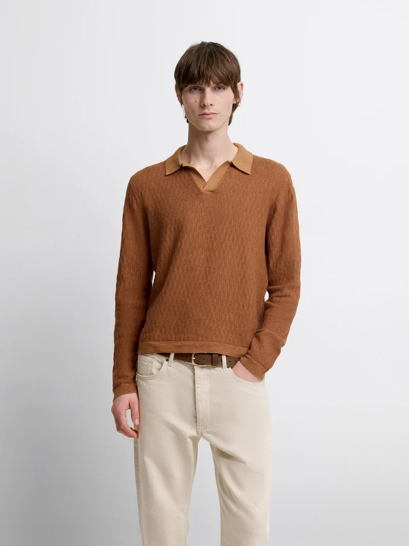 Polo col ouvert en coton-lin