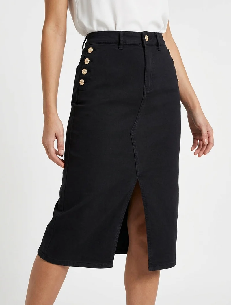 Jupe crayon en jean à poches boutonnées - Noir