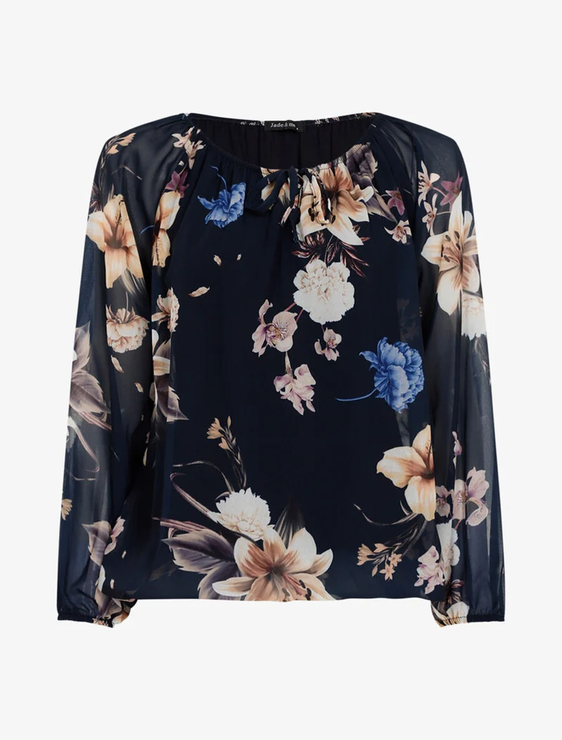 Blouse fleurie à encolure élastiquée - Marine