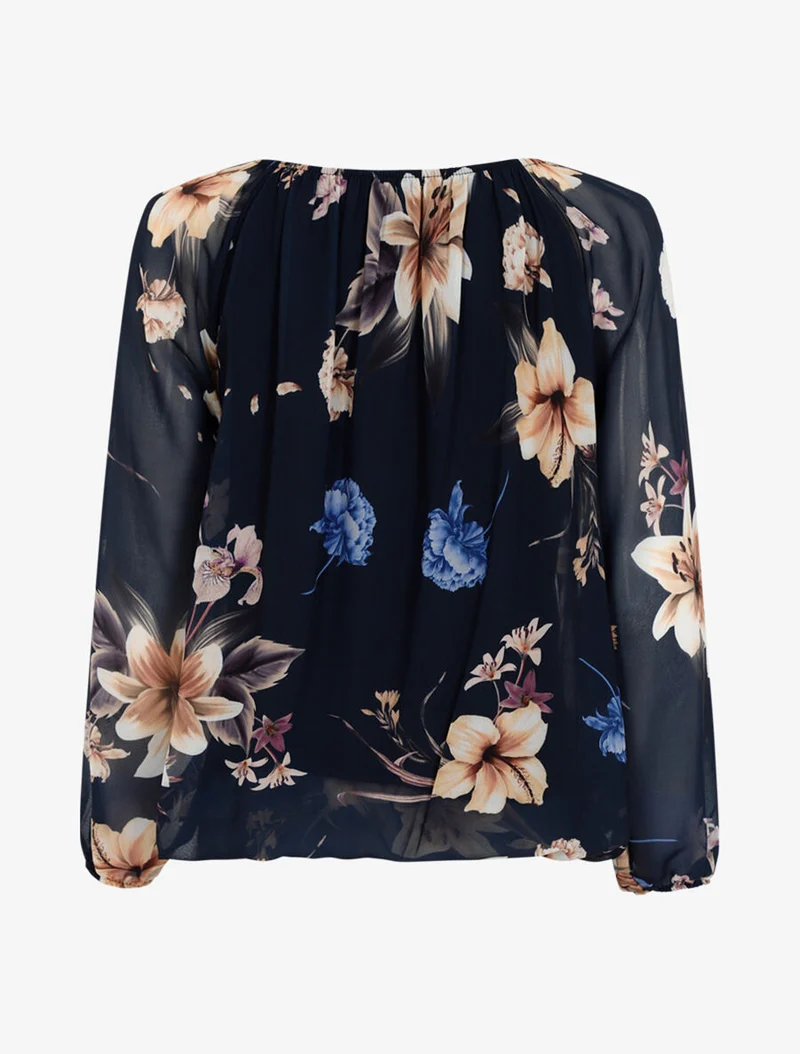 Blouse fleurie à encolure élastiquée - Marine