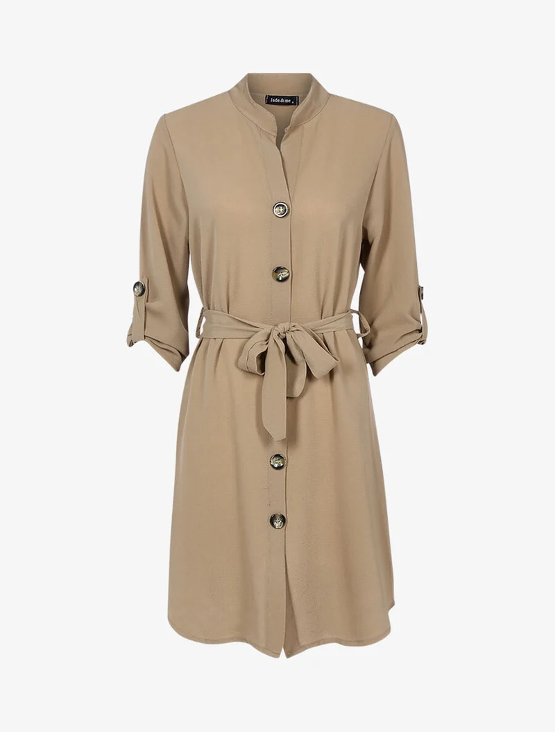 Robe chemise à col tunisien - Camel