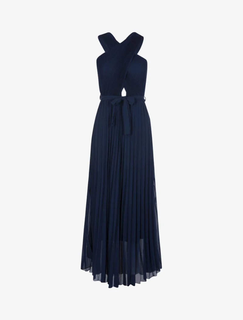Robe longue gaufrée à bretelles croisées - Marine