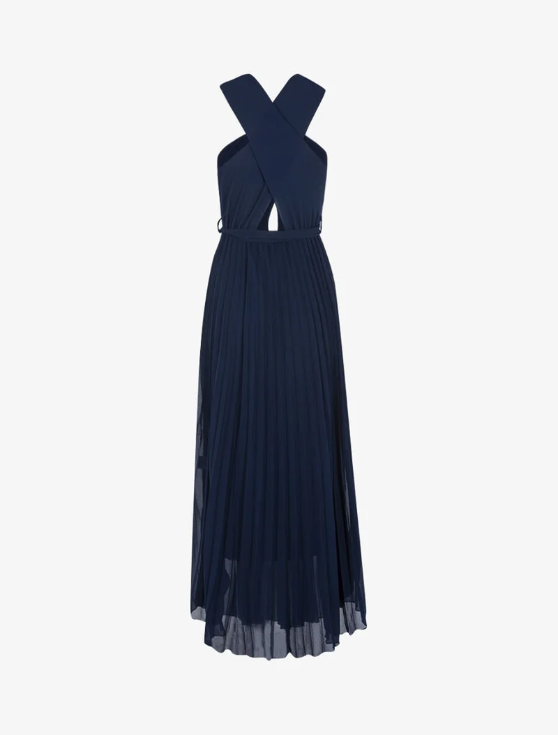 Robe longue gaufrée à bretelles croisées - Marine