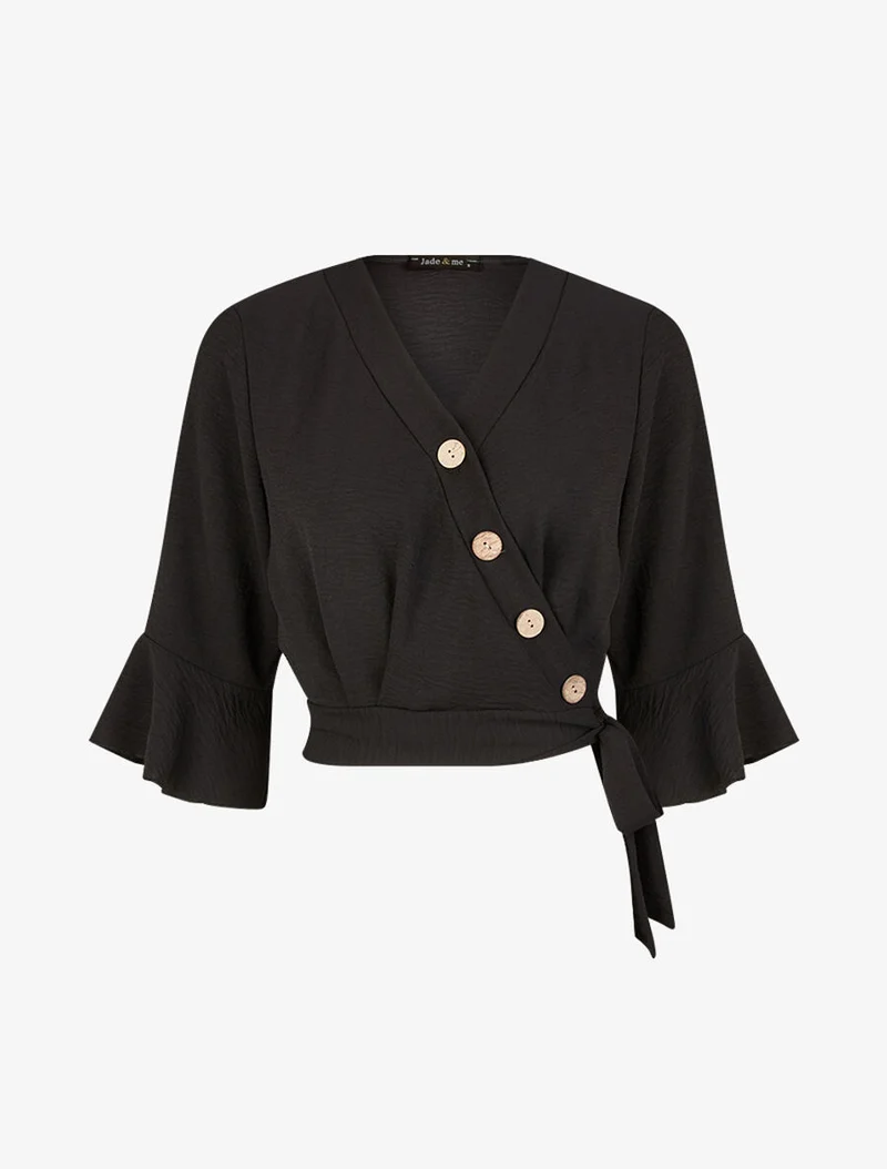 Blouse courte cache coeur à nouer - Noir