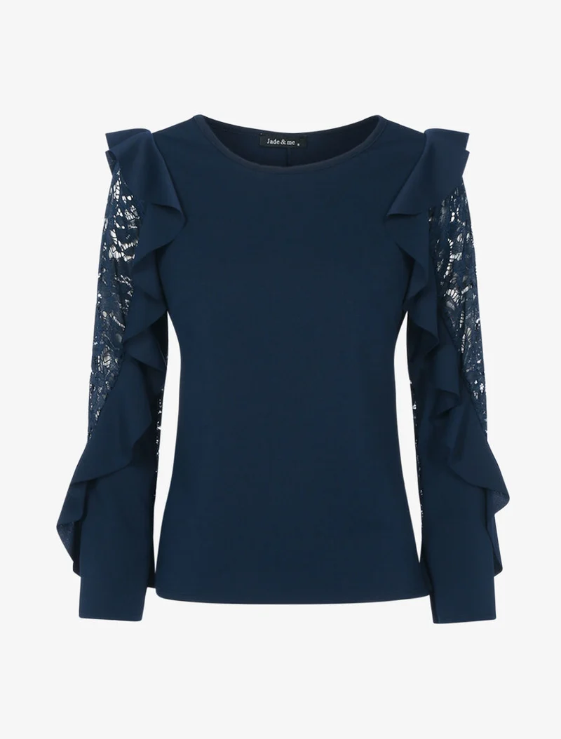 Top à manches en dentelle et volants - Bleu nuit