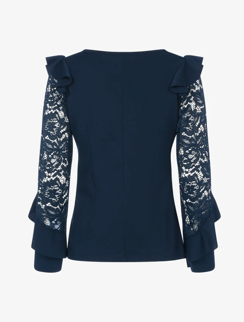 Top à manches en dentelle et volants - Bleu nuit