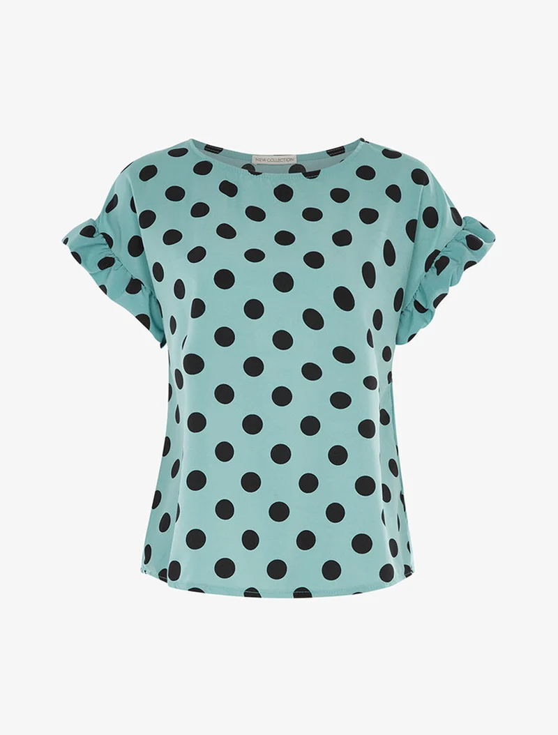 Blouse à pois et manches volantées - Turquoise