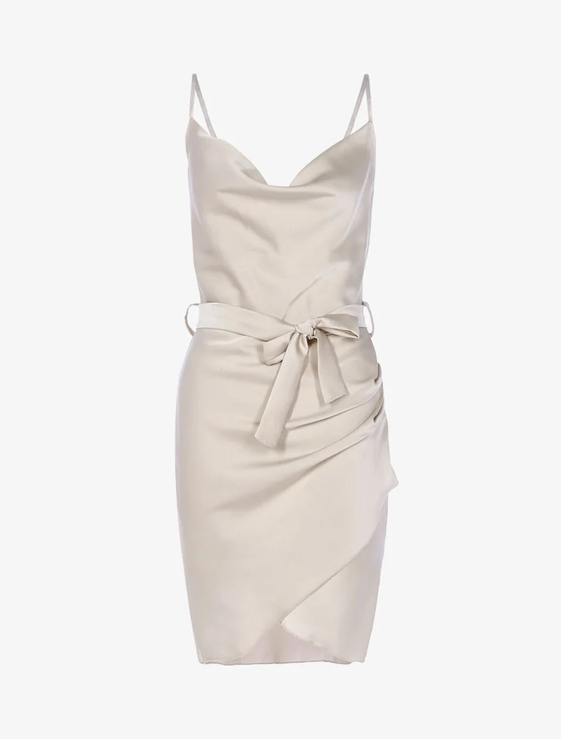Robe satinée coupe portefeuille - Beige