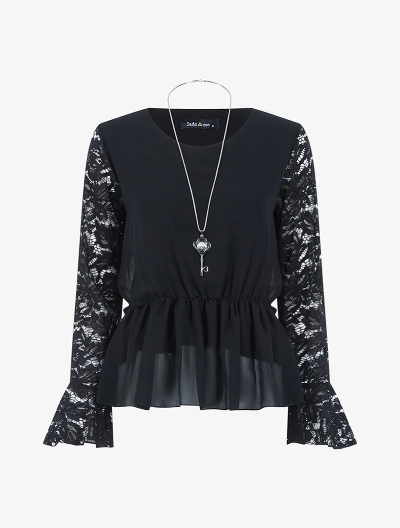 Blouse cintrée à manches dentelle - Noir
