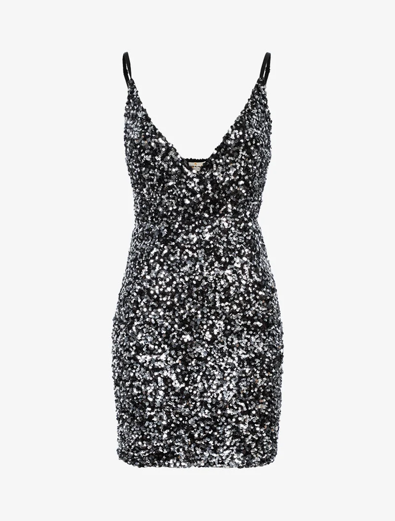 Robe coeur croisé en sequins - Argent/noir