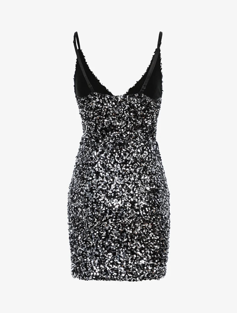 Robe coeur croisé en sequins - Argent/noir