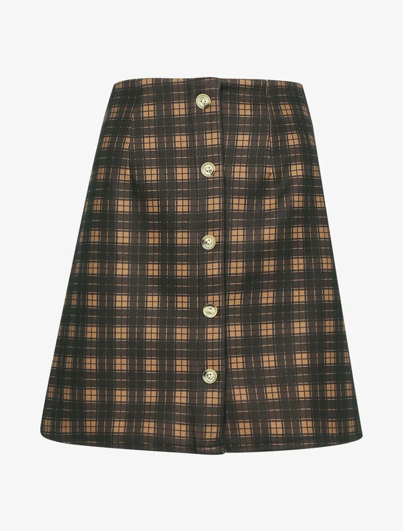 Jupe droite imprimé tartan - Marron