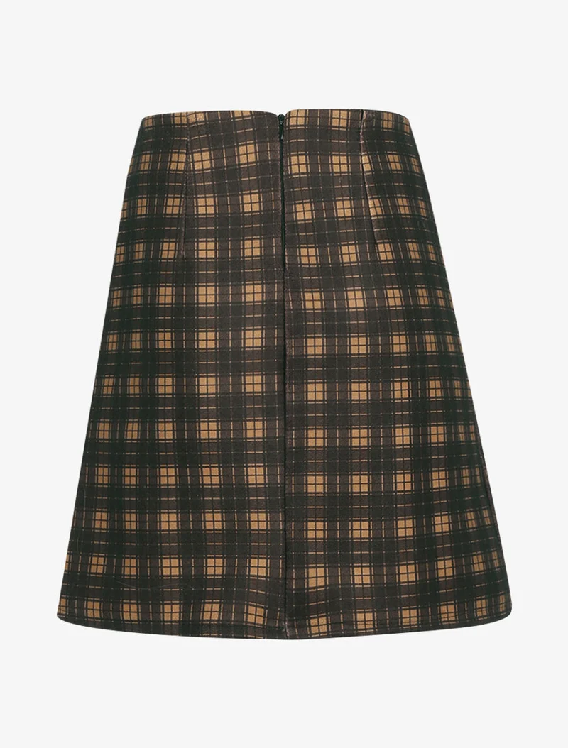 Jupe droite imprimé tartan - Marron