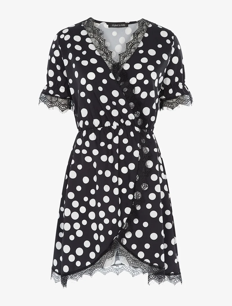 Robe cache coeur imprimé pois à bords dentelle - Noir