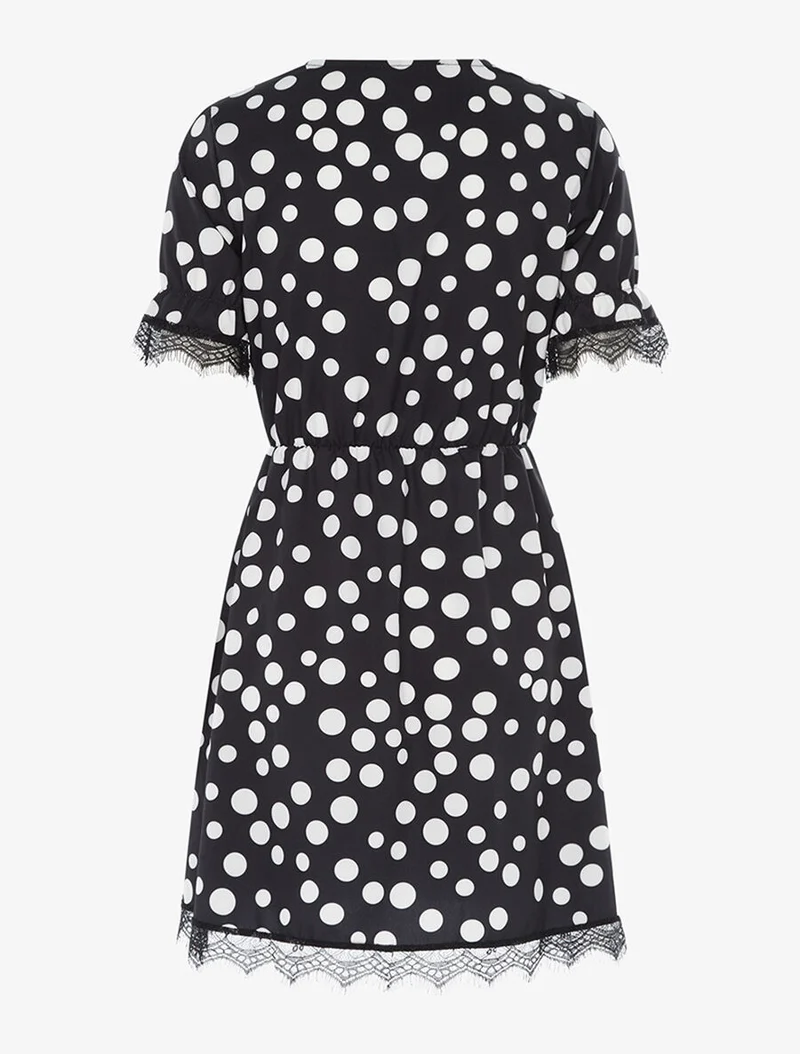 Robe cache coeur imprimé pois à bords dentelle - Noir