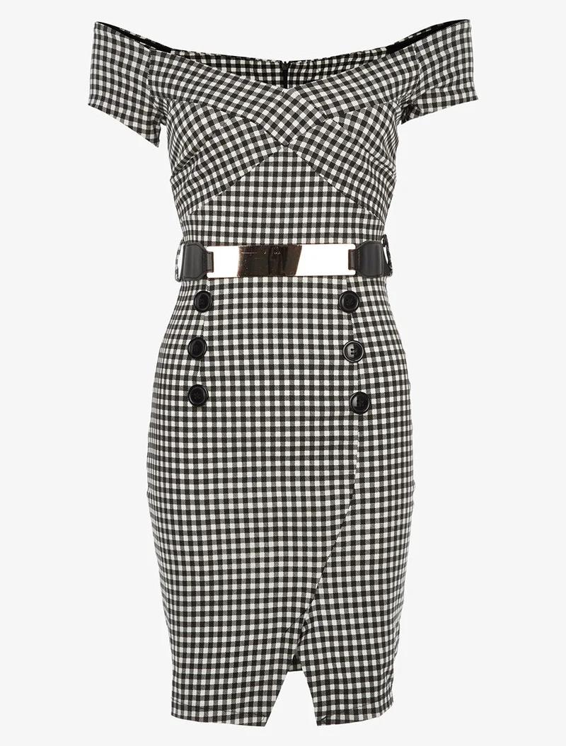 Robe col V imprimé Vichy - Noir