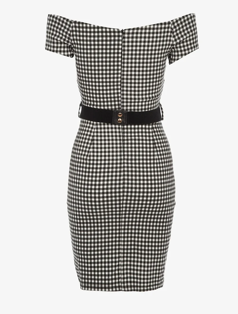 Robe col V imprimé Vichy - Noir