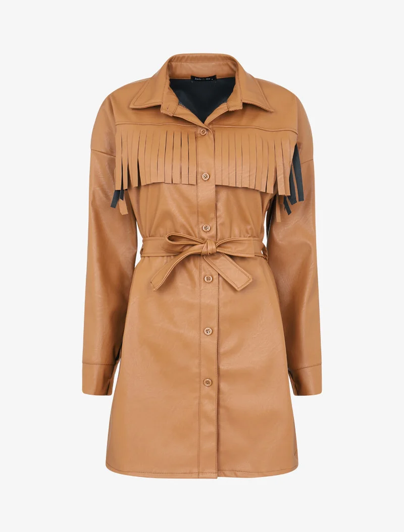 Chemise longue en simili à franges - Camel