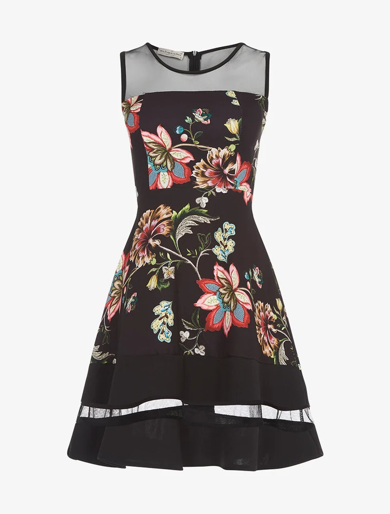 Robe empiècements transparents et fleurs - Noir