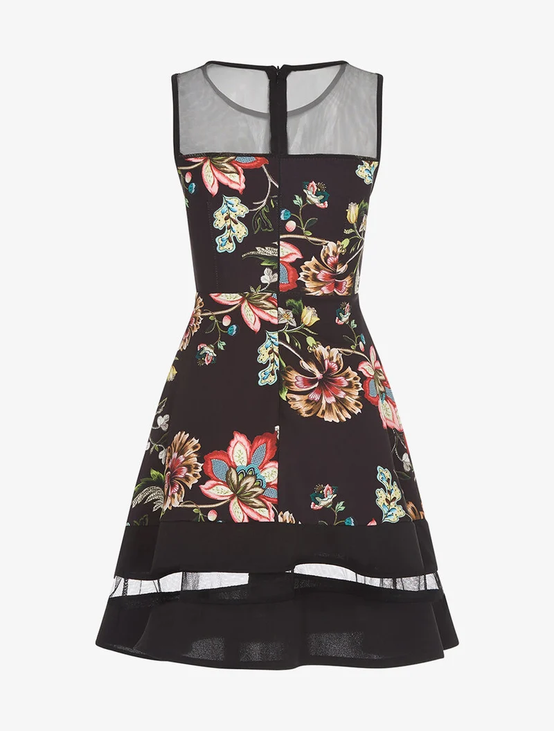 Robe empiècements transparents et fleurs - Noir