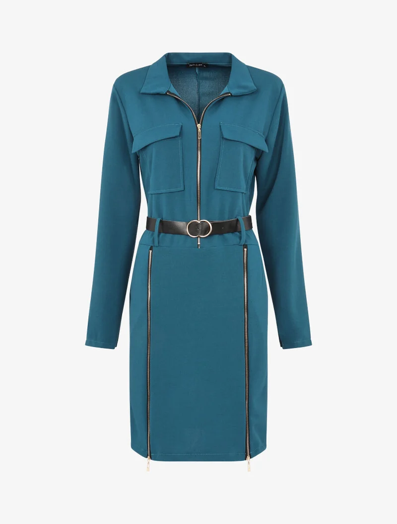 Robe moulante à zips contrastants - Bleu pétrole